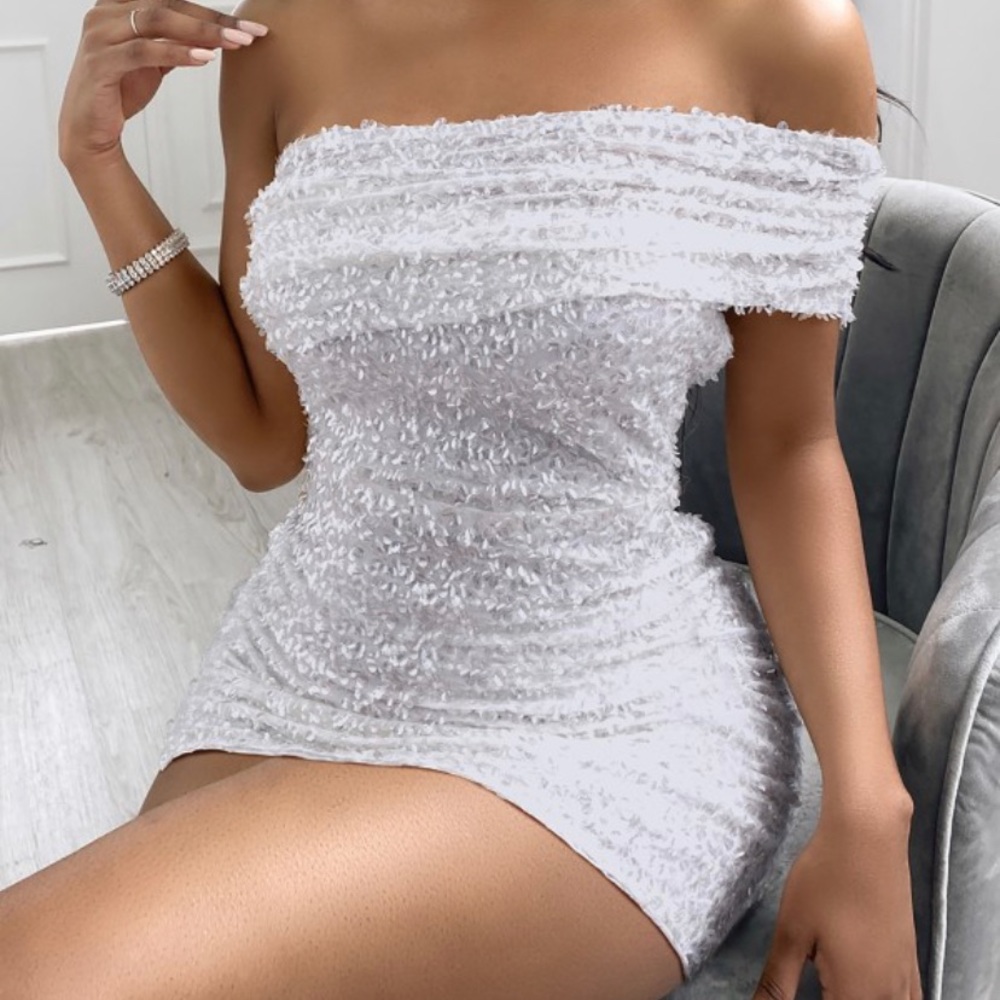 White sequin one shoulder bodycon dress.